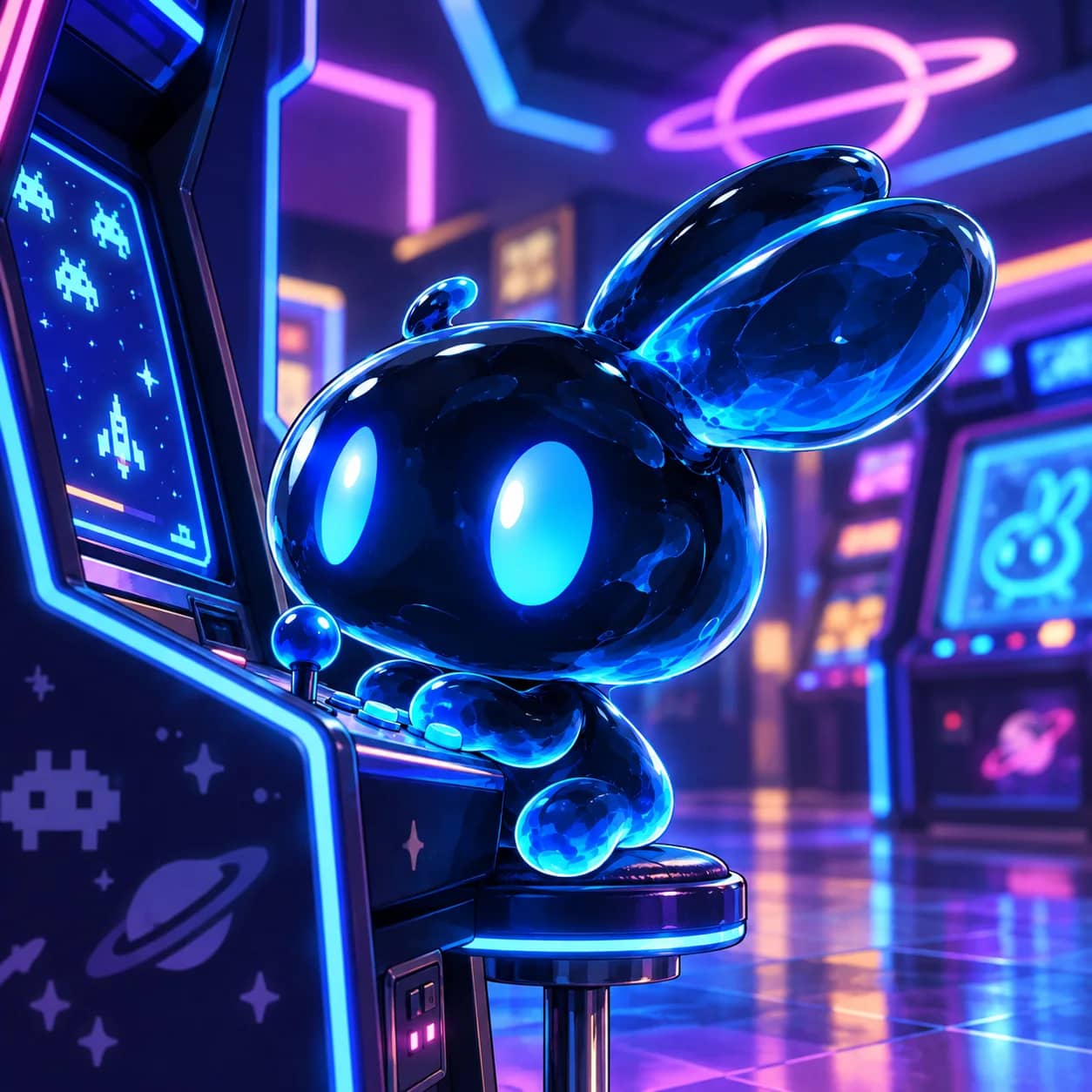Oomi perched on a stool, both paws on the controls of a neon arcade cabinet.