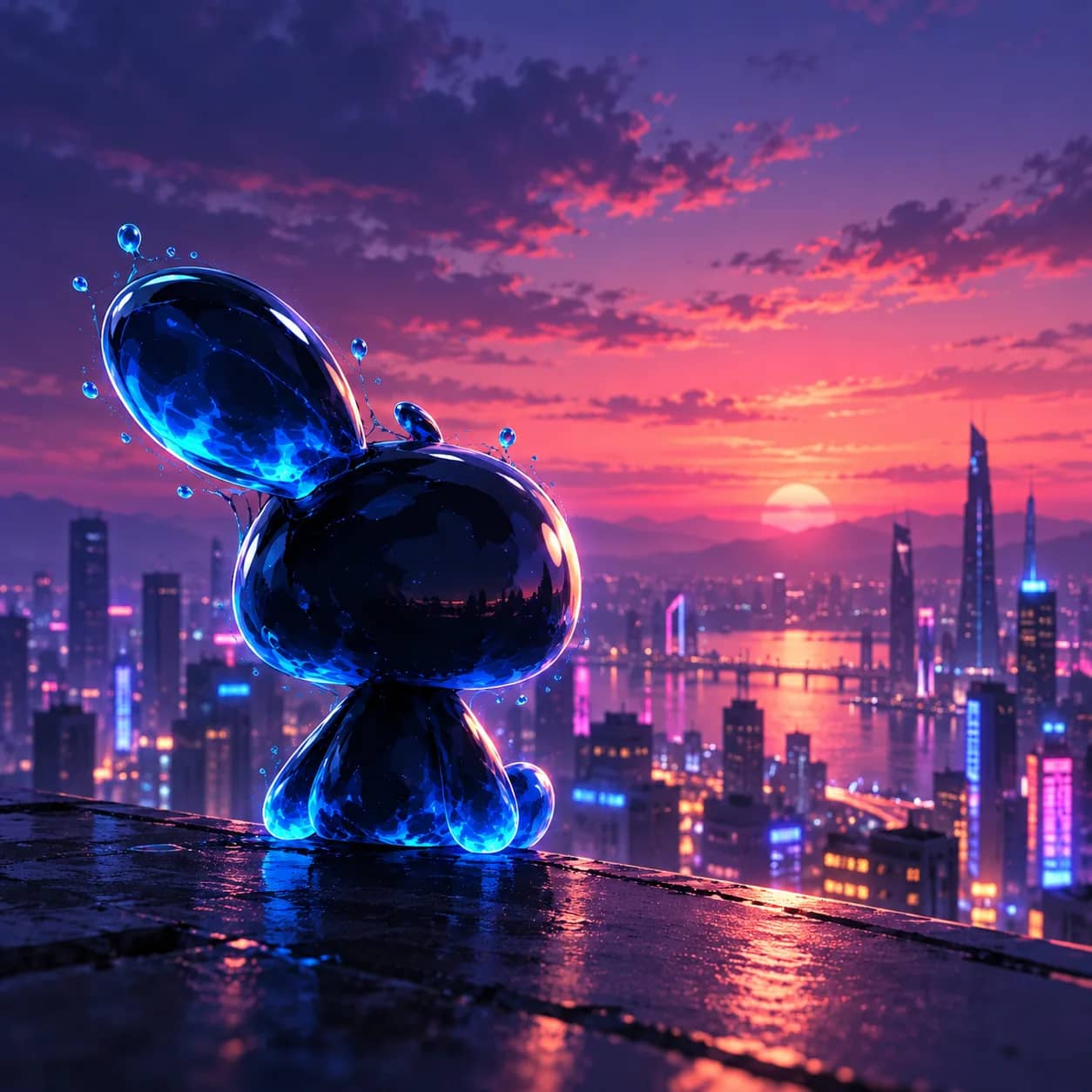 Oomi seen from behind on a wet rooftop ledge, watching a violet sunset over the city.